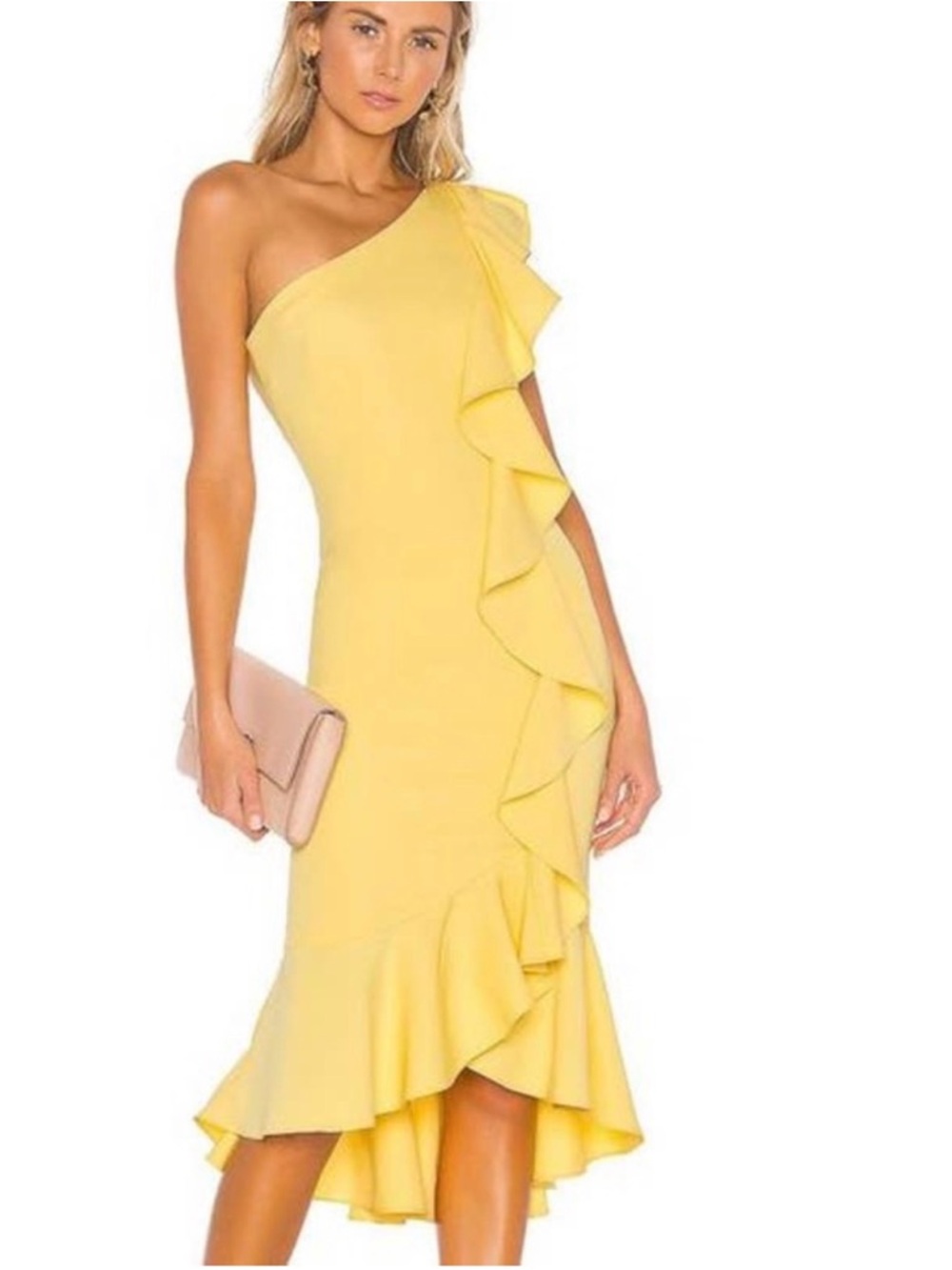 Likely One-Shoulder Yellow Ruffle Midi Dress